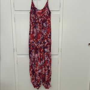 Anthropologie Red and Purple Floral Jumpsuit with Wide Legs